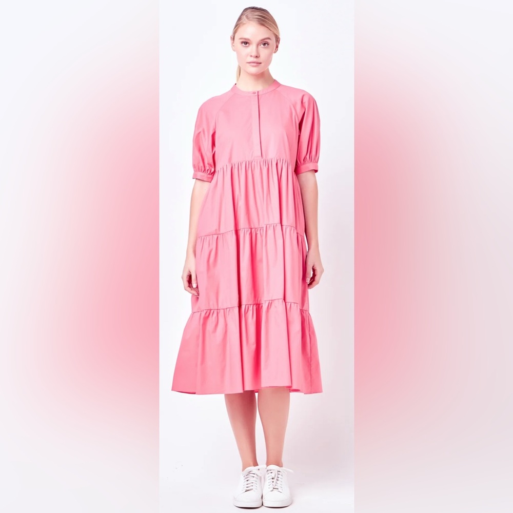 English Factory Short Puff Sleeve Midi Dress with Pockets - Melon/Coral
